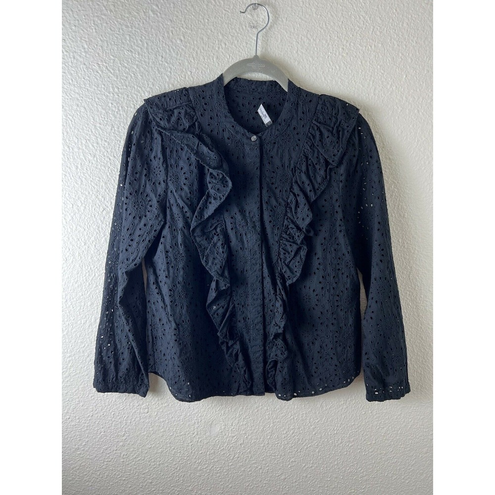Madewell women's black open weave‎ long sleeve button up ruffle blouse Small